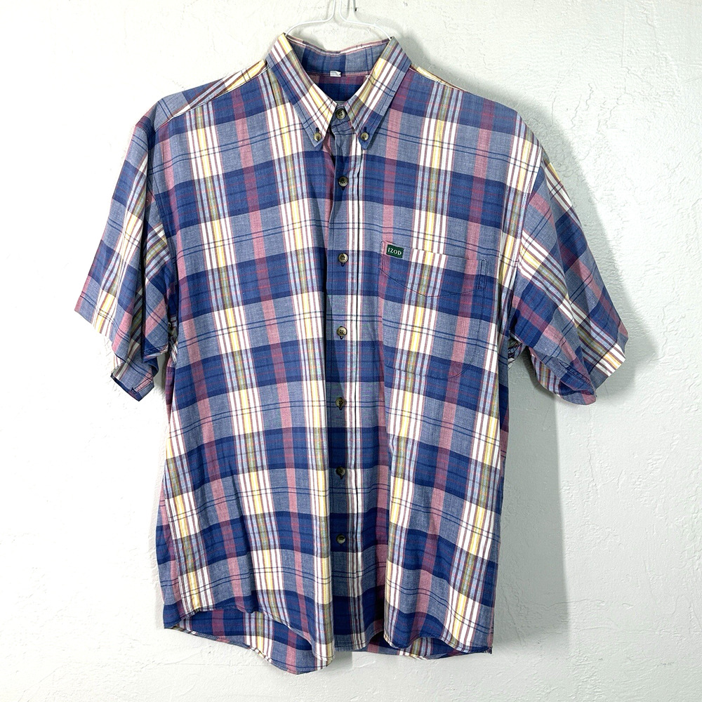 Izod Shirt Men M Blue Cream Pink Cotton Plaid Button Front Short Sleeve Pocket